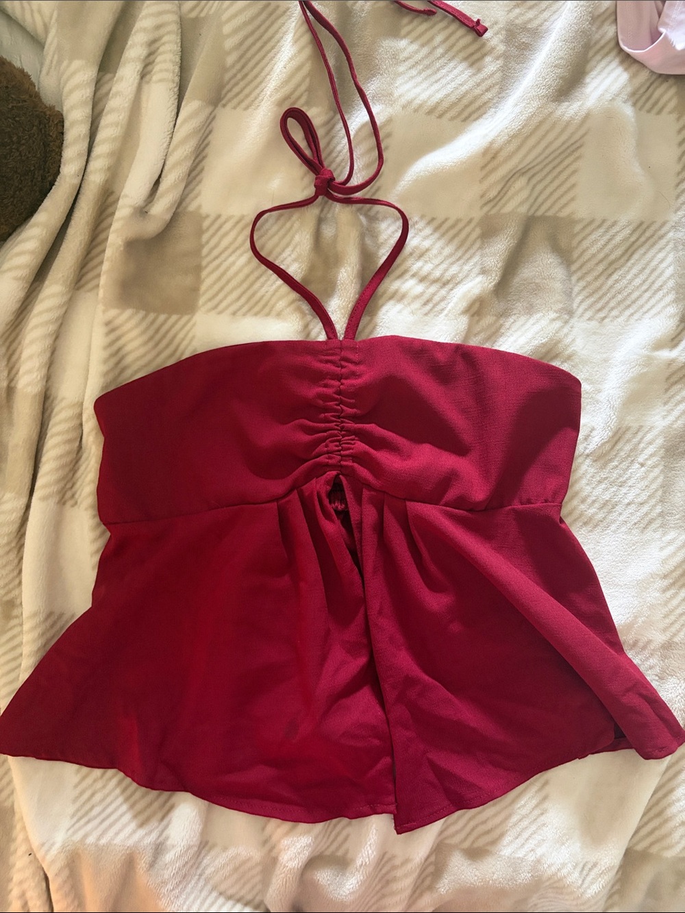 SHEIN Red Ruched Halter Peplum Camisole Top